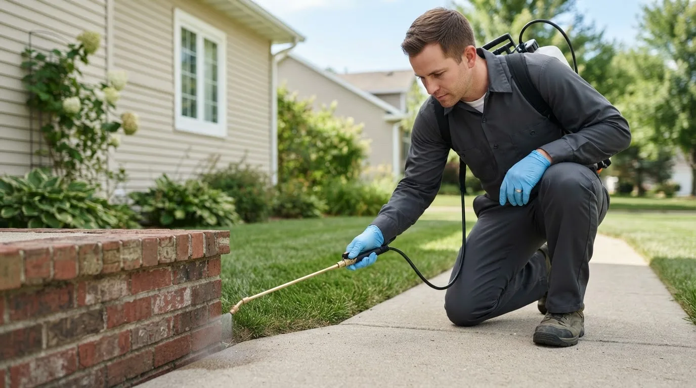 Pest control technician treating a home near Montpelier, ID